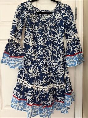 Girls Navy Coral-Print Ruffle Dress with Pom-Pom Trim